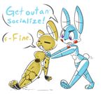  animatronic breasts crossgender dialogue duo english_text eyes_closed female five_nights_at_freddy&#039;s five_nights_at_freddy&#039;s_2 lagomorph machine male mammal mizumew pushing rabbit robot springtrap_(fnaf) text toy_bonnie_(fnaf) video_games 
