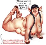  big_breasts braided_hair branded breasts chubby female hair hooves human hybrid looking_at_viewer mammal multi_breast pig porcine solo synthean text thought_bubble transformation 