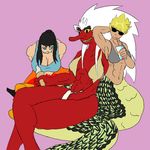  2015 animal_humanoid bikini chrysopelea clothing drider fangs female group hair humanoid long_horned_orb_weaver naga pink_background simple_background swimsuit tartaurus tengu 