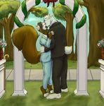  adrian_skunk archway barefoot bear black_fur boreas brown_fur cane ceremony evan eyes_closed eyewear flower fur glasses kissing male male/male mammal park plant polar_bear public rodent size_difference southern_fox_squirrel squirrel suit tree wedding white_fur 