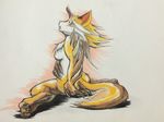  anthro breasts cat chest_tuft claws featureless_breasts feline female fur horn kazenui kneeling mammal mynx nude open_mouth pencil_(artwork) pose simple_background solo spikes toe_claws toukiden traditional_media_(artwork) tuft white_background white_fur yellow_eyes yellow_fur 