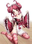  absurdres apron entoma_vasilissa_zeta frills highres insect_girl japanese_clothes kamekichi_(kamekiti) kneeling long_sleeves looking_at_viewer maid maid_apron maid_headdress no_panties off_shoulder overlord_(maruyama) pink_eyes pink_hair pink_legwear smile solo striped striped_legwear thighhighs 