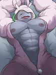  abs anthro arms_above_head bed clothing costume eyes_closed goomy hoodie lying machoke maldu male muscular nintendo nipples on_back on_bed open_mouth pajamas pok&eacute;mon pubes solo sweat tongue tongue_out video_games zipper 