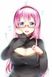  bespectacled blue_eyes blue_nails breasts cleavage flying_sweatdrops glasses large_breasts long_hair long_sleeves matatabi_dango megurine_luka meme_attire nail_polish open-chest_sweater open_mouth pink_hair red-framed_eyewear simple_background solo sweatdrop sweater translated turtleneck upper_body very_long_hair vocaloid white_background 