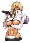  1girl abs arm_under_breasts bleach blonde_hair braid breast_tattoo breasts cosplay cropped_jacket dark_skin eyepatch facial_tattoo high_collar hijiri jacket large_breasts long_hair long_sleeves looking_at_viewer megido72 navel over_shoulder pubic_tattoo purple_eyes side_braid solo stomach stomach_tattoo sword tattoo tier_harribel tier_harribel_(cosplay) underboob upper_body valefor_(megido72) weapon weapon_over_shoulder white_background white_jacket 
