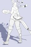  2012 avian bird blush bulge bunny_costume claws clothing crossdressing fake_ears feathers fishnet fishnet_legwear high_heels legwear looking_back monochrome proxer proxer_(character) scales secretary_bird waiter 