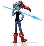  blue_skin boots clothing cubewatermelon eye_patch eyewear female fish footwear hair hand_on_hip marine melee_weapon monster pink_hair polearm sharp_teeth shirt simple_background solo spear tank_top teeth undertale undyne weapon white_background yellow_eyes 