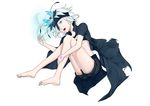  agenoumi barefoot blue_eyes cape crying crying_with_eyes_open eyepatch flamie_speeddraw flower full_body hair_flower hair_ornament hairband highres looking_at_viewer md5_mismatch midriff rokka_no_yuusha short_hair shorts simple_background solo tears white_background white_hair 