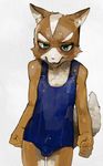  2015 anthro bulge canine cheek_tuft clothing crossdressing digital_media_(artwork) erection erection_under_clothes eyebrows fist fox fox_mccloud fur green_eyes grin liteu looking_at_viewer male mammal nintendo orange_fur simple_background solo standing star_fox swimsuit teeth tuft video_games white_background white_fur 