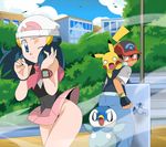  1girl baseball_cap beanie black_hair blue_eyes blue_hair blush fingerless_gloves gen_1_pokemon gen_4_pokemon gloves groin hainchu hair_ornament hairclip hat hikari_(pokemon) long_hair miniskirt o_o one_eye_closed open_mouth pikachu pink_scarf pink_skirt piplup pokemon pokemon_(anime) pokemon_(creature) poketch satoshi_(pokemon) scarf short_hair skirt sleeveless surprised watch wind wind_lift wristwatch 