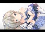  anastasia_(idolmaster) bare_shoulders beads blonde_hair blue_eyes collar dress gem idolmaster idolmaster_cinderella_girls idolmaster_cinderella_girls_starlight_stage jewelry letterboxed lying on_side pocket_watch solo sparkle starry_sky_bright takeashiro thighhighs tiara watch white_legwear 