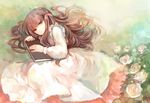  aki_(wishtakeme) bangs book brown_eyes brown_hair bury coco_(bury) dress flower hair_ribbon highres holding long_hair looking_at_viewer lying on_side pink_ribbon ribbon sidelocks solo tears 