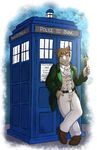  adharc belt classy clothing coat cosplay cravat doctor_who footwear green_eyes looking_at_viewer male mammal nokemy pants pose rhinoceros shoes smile solo suit tardis waistcoat 