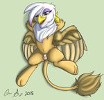  2015 adnarai avian beak brown_fur feathered_wings feathers female friendship_is_magic fur gilda_(mlp) gryphon half-closed_eyes looking_at_viewer lying my_little_pony on_back pussy solo white_fur wings 