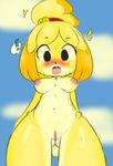  1girl 2015 animal_crossing anthro areola blonde_hair blush breasts canine chest_tuft dog doubutsu_no_mori erect_nipples female fur furry hair hearless_soul hearlesssoul isabelle_(animal_crossing) looking_at_viewer mammal navel nine-tastic nintendo nipples nude open_mouth pussy shizue_(doubutsu_no_mori) solo surprise tuft video_games yellow_fur 