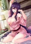  ahoge bare_legs bed_sheet black_panties book breasts cleavage cu-no desk_lamp eyewear_removed feet_out_of_frame floral_print glasses hisenkaede kokonoe_tamaki lamp large_breasts long_hair off_shoulder on_bed original outstretched_arm painting panties pillow purple_eyes purple_hair sitting solo stretch tears underwear very_long_hair waking_up wariza 