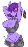  2015 anthro areola belt breasts clothed clothing collar exposed_breasts female gloves hair hands_behind_head haunter looking_at_viewer navel nintendo nipples pants pants_down pcaduck pok&eacute;mon purple_body purple_hair purple_nipples pussy red_sclera shirt simple_background solo spiked_collar tank_top video_games violet_(pcaduck) white_background yellow_eyes 