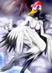  anthro avian beak bikini bird bludraconoid bottle breasts claws cleavage clothed clothing crane eyewear feathers female looking_at_viewer realistic_wings red_eyes smile solo sunglasses swimsuit toe_claws water wings 