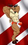  2015 abs anthro antlers balls big_balls big_bulge big_muscles bulge canada canadian_flag cervine clothed clothing half-dressed horn hungothenomster looking_at_viewer male mammal muscular pose reindeer smile solo topless underwear 