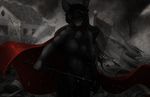  anthro black_fur black_hair canine cape clothing dark_theme female fur hair heterochromia littlenapoleon mammal melee_weapon solo sword watsup weapon 