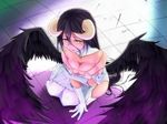  albedo bare_shoulders black_hair black_wings breast_hold breasts cleavage demon_girl detached_collar dress from_above gloves hip_vent horns large_breasts long_hair looking_at_viewer magekichi overlord_(maruyama) smile solo very_long_hair white_dress white_gloves wings yellow_eyes 