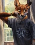  2015 anthro balcony bracelet brown_eyes canine clothed clothing curtains fox fur inside jewelry kenket male mammal orange_fur painting red_fox shaded shirt smile solo white_fur 