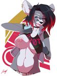  2015 angelina_marie anthro big_breasts blue_eyes breasts canine clothing collar ear_piercing female jacket lactating leokingdom looking_at_viewer mammal milk navel nipples open_jacket piercing red_highlights shirt shirt_lift solo wolf 