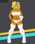  2015 abs abstract_background anthro areola bandicoot blonde_hair blue_eyes breasts brown_fur clothing coco_bandicoot crash_bandicoot_(series) female front_view fur hair hand_on_hip headband legwear looking_at_viewer mammal marsupial muscular nipples panties pattern_background popesslodovica simple_background solo standing stockings toned translucent_hair underwear video_games white_sclera 