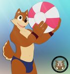  3d abstract_background beach beach_ball biceps bottomless brown_fur bulge canine clothed clothing fur grin half-dressed male mammal muscular muscular_male navel pecs seaside skimpy smile solo speedo swimsuit teeth tongue topless v--r wolf wristband wuffle 