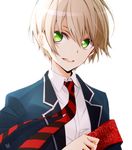  aoharu_x_kikanjuu armband blazer blonde_hair green_eyes happy jacket necktie reverse_trap school_uniform short_hair solo striped striped_neckwear tachibana_hotaru tsukimori_usako 