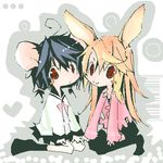  animal_ears black_hair blonde_hair bunny_ears chibi copyright_request long_hair lowres multiple_girls oekaki red_eyes saya_(sayaya) school_uniform short_twintails thighhighs twintails 