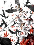  animal_ears bad_id bad_pixiv_id bird black_hair black_wings crow detached_sleeves geta hat highres inubashiri_momiji irena moyashisan multiple_girls red_eyes shameimaru_aya short_hair silver_hair skirt sword tengu-geta tokin_hat touhou weapon wings wolf_ears 