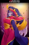  1girl blue_skin breasts capcom china_dress chinadress chinese_clothes claws darkstalkers dress female hat lei_lei outdoors sky solo vampire_(game) yellow_eyes 