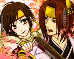  1boy 1girl brown_eyes brown_hair couple crown fan female headband ishida_mitsunari lowres male nene open_mouth peach-usa sengoku_musou sengoku_musou_2 short_hair shoulder_pads 