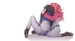  1girl celestial_being_uniform comforting couple feldt_grace gundam gundam_00 hetero highres hug jacket pink_hair ponytail setsuna_f_seiei short_hair sumi_(joker) 