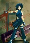  absurdres armpits bad_id bad_pixiv_id bare_shoulders blood blue_hair ciel dress gloves halterneck highres huge_weapon kojou open_mouth pile_bunker powerd_ciel seventh_holy_scripture solo tattoo thighhighs torn_clothes tsukihime weapon 