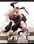  androgynous animal_ears belt black_nails blonde_hair bunny_ears candy checkered detached_sleeves eyepatch feet food gloves hat highres jeffr lollipop long_hair male_focus nail_polish original otoko_no_ko panties pink_eyes shaped_lollipop solo toenail_polish underwear 