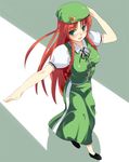 braid china_dress chinese_clothes dress from_above green_eyes hand_on_headwear hat hong_meiling long_hair outstretched_arm red_hair shigen smile solo touhou twin_braids walking 