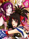  2girls armlet brown_eyes brown_hair da_ji detached_sleeves earrings female hat headband headdress himiko himiko_(musou_orochi) jewelry multiple_girls musou_orochi musou_orochi_2 peach-usa pink_skin purple_hair red_eyes 