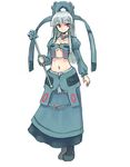  bronzong full_body gen_4_pokemon grey_hair homura_subaru long_skirt looking_to_the_side midriff personification pokemon red_eyes silver_hair skirt solo staff standing wand white_background 