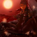  bad_id bad_pixiv_id bayonetta bayonetta_(character) black_hair blue_eyes bodysuit breasts bug butterfly glasses gloves insect large_breasts light_smile long_hair mizuhara_aki mole mole_under_mouth solo spread_legs sunlight 