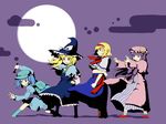  alice_margatroid blonde_hair blue_dress contrapposto dress flat_cap full_moon hat kawashiro_nitori kirisame_marisa long_hair mob_cap moon multiple_girls patchouli_knowledge post purple_background purple_hair short_hair simple_background standing subterranean_animism touhou two_side_up very_long_hair wallpaper witch_hat yanagihara_tantoui 