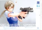  absurdres brown_eyes casing_ejection copyright_request fuyuno_haruaki glasses gun handgun highres md5_mismatch pistol ponytail qr_code shell_casing sig_sauer sig_sauer_sp2022 solo techno_fuyuno weapon 