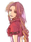  1girl aerith_gainsborough brown_hair coonel dress female final_fantasy final_fantasy_vii green_eyes jacket long_hair open_mouth pink_ribbon ponytail ribbon solo white_background 