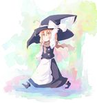  bad_id bad_pixiv_id blonde_hair boots branch buttons dress hair_ribbon hand_on_headwear hat kirisame_marisa leaf ribbon rowtan scarf smile solo touhou walking witch_hat yellow_eyes 