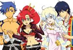  2boys 2girls belt bikini_top blue_hair couple dress hair_ornament hair_stick hetero holding_hands kamina multicolored_hair multiple_boys multiple_girls neko4327 nia_teppelin pink_dress ponytail red_hair sarashi shirtless simon tattoo tengen_toppa_gurren_lagann two-tone_hair yoko_littner 