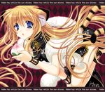  animal_ears blonde_hair blue_eyes china_dress chinese_clothes copyright_request dress flower food fruit hair_flower hair_ornament long_hair open_mouth peach ryuuga_shou solo tail tiger_ears tiger_tail very_long_hair wristband 