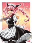 akiha_rumiho animal_ears apron blush breasts cat_ears curly_hair drill_hair fang highres large_breasts laughing maid maid_headdress one_eye_closed pantyhose paw_pose pink_hair red_eyes ribbon ruo_(cruzada) solo steins;gate twintails waitress 