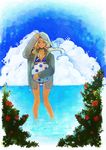  bad_id bad_pixiv_id bikini blonde_hair blue_eyes cloud copyright_request day flower hibiscus highres hood ikeuchi ocean polka_dot polka_dot_bikini polka_dot_swimsuit solo swimsuit 