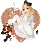  amber_tobi blonde_hair bloomers blue_eyes bow card copyright_request dress falling_card floating_card flower hair_bow rose solo underwear 